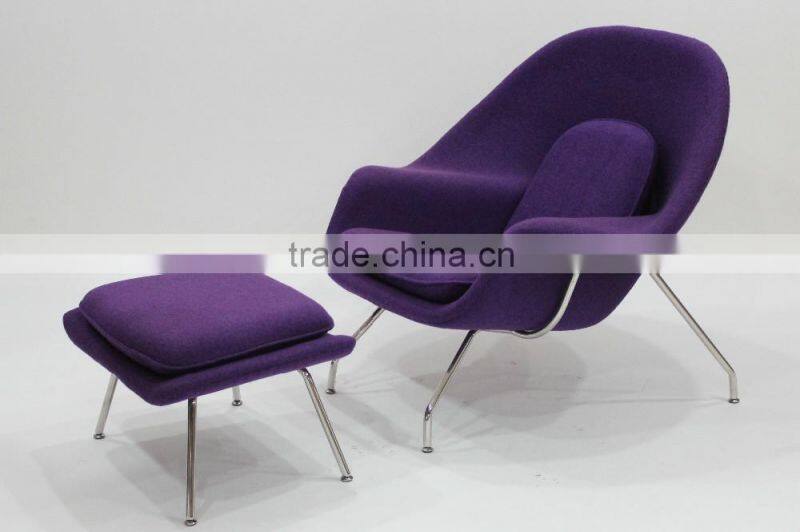 replica relaxing fiberglass materail stainless steel frame wool fabric womb chair with ottoman by Eero Saarinen