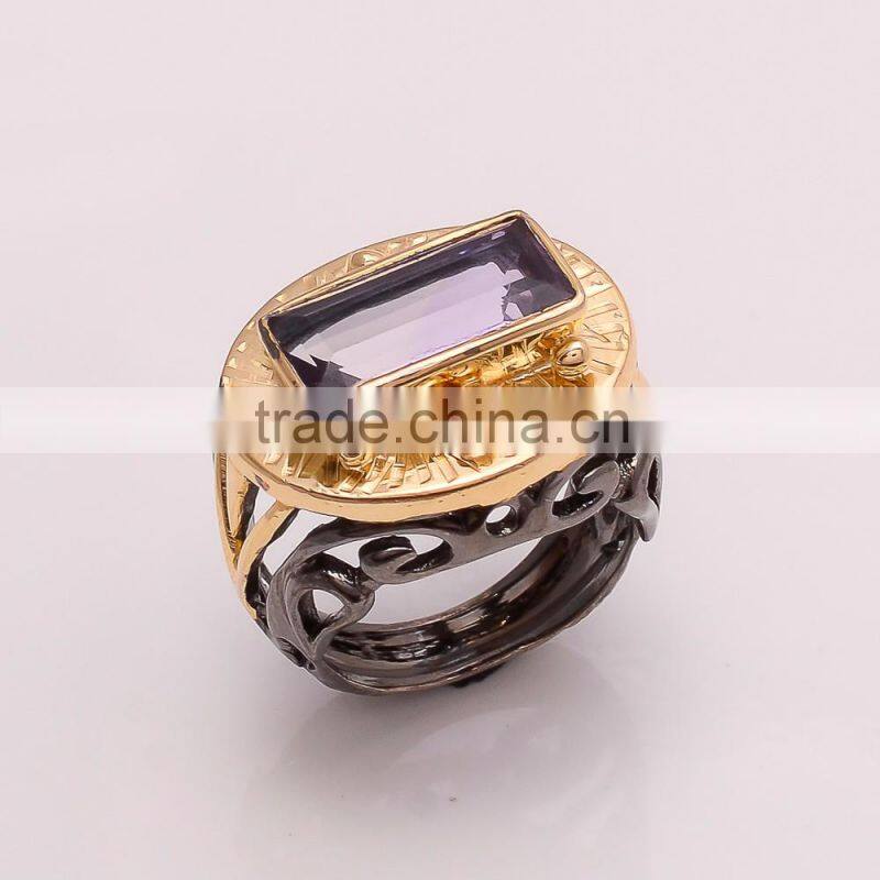 925 SOLID STERLING FINE SILVER UNIQUE DESIGN AMETHYST RING BLACK & GOLD RHODIUM