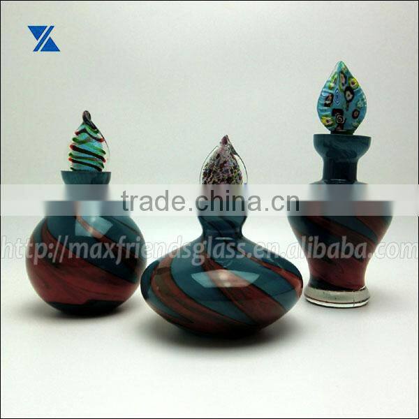 blue with red swirl glass perfume bottle, diffuser for home deco, 125ml, hand made