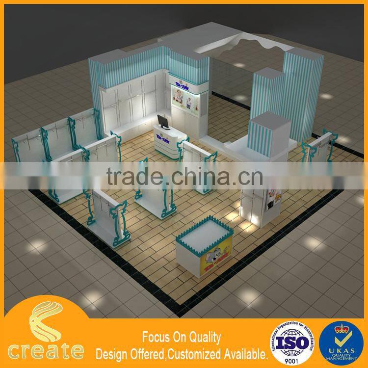 Guangzhou factory OEM/ODM MDF wood wall designs children clothes showcase for shop kiosk