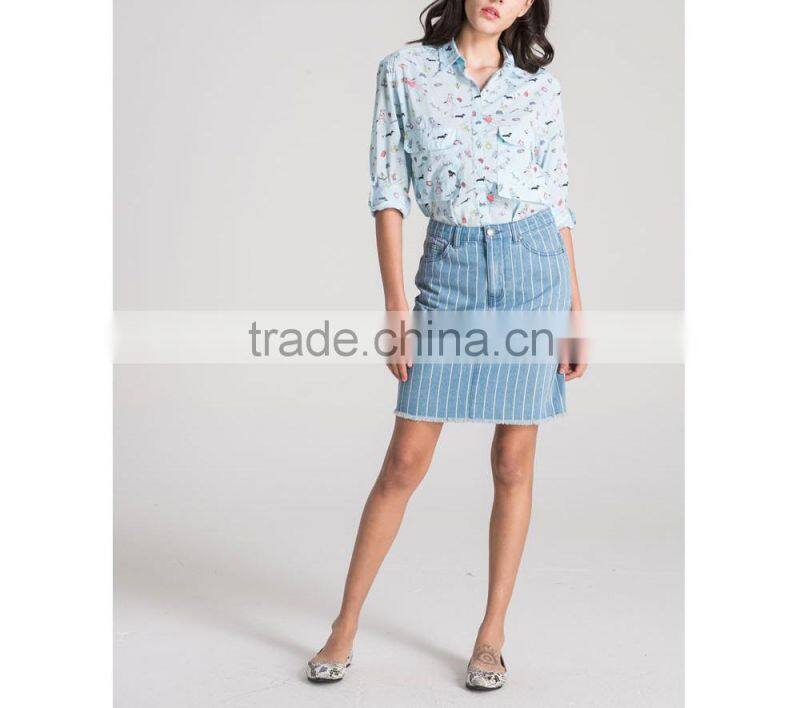 Fashion classic stretch elegant blue vertical stripes midi denim pencil skirt for lady