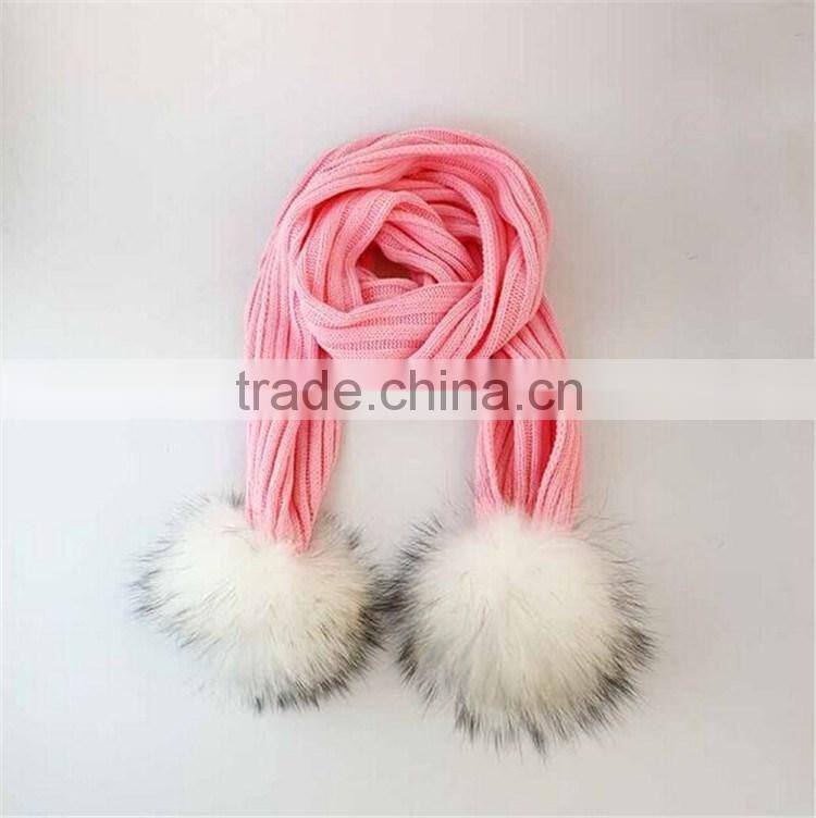 RRSC001D Genuine raccoon fur pompom scarf New winter thick White acrylic warm striped knitted scarves wool shawl
