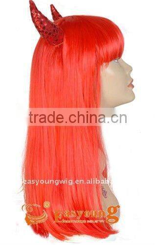 Wholesale cheap long red horn synthetic hair party wigs, cosplay witch wigs
