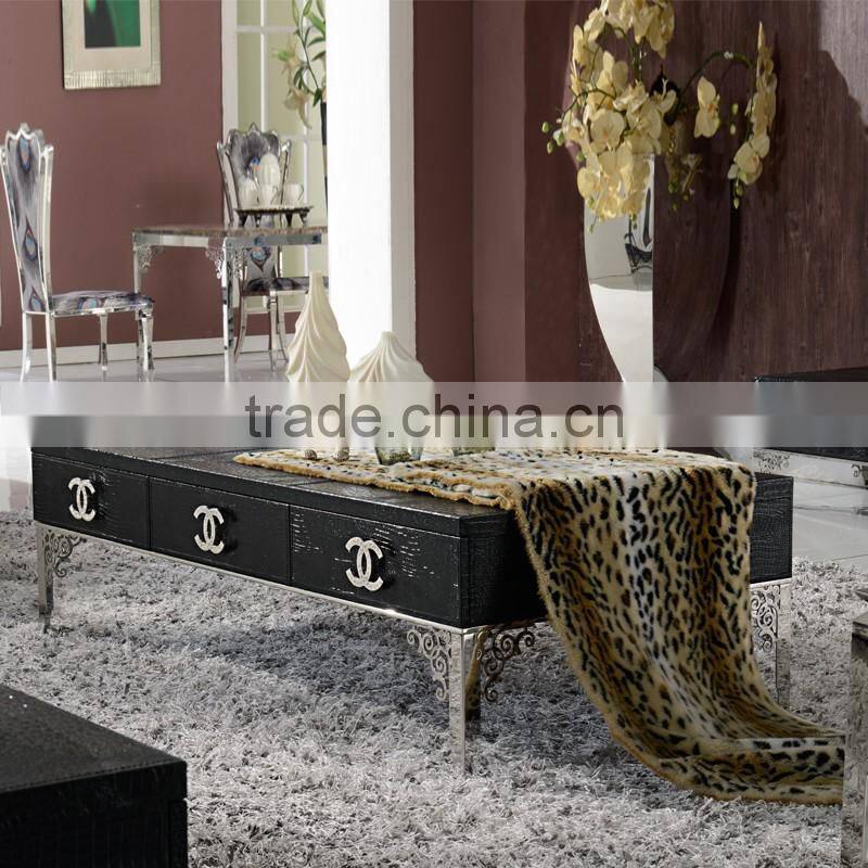 2015 new arrival stainless steel legs black crocodile pu covering center coffee table