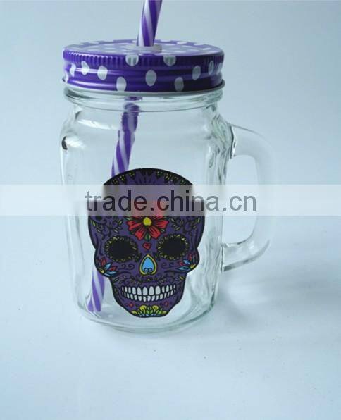 Wholesale Price skull head printing Glass Mason Jar With Handle