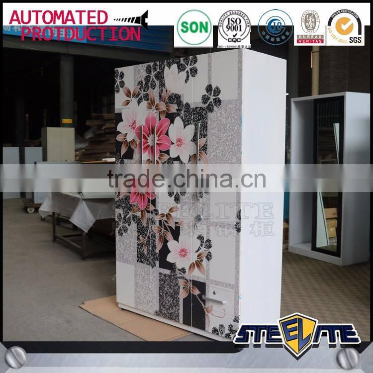 India fancy bedroom wardrobe design printed 3 door cabinet