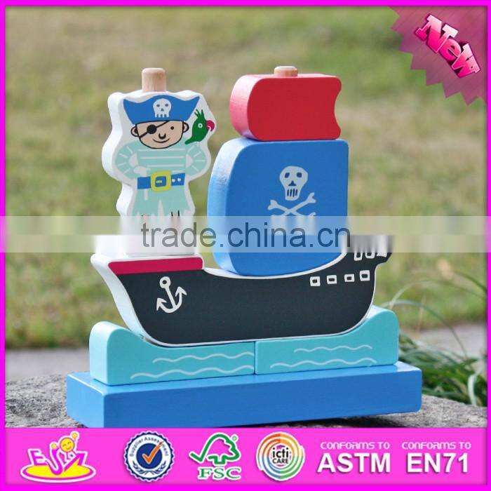 2017 new design pirate boat shape wooden stacking toys for 1 year old W13D134