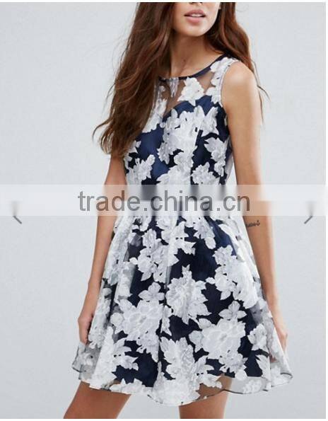 Guangzhou Fashion Clothing OEM Navy Slash Detail Sexy Organza Floral Dress