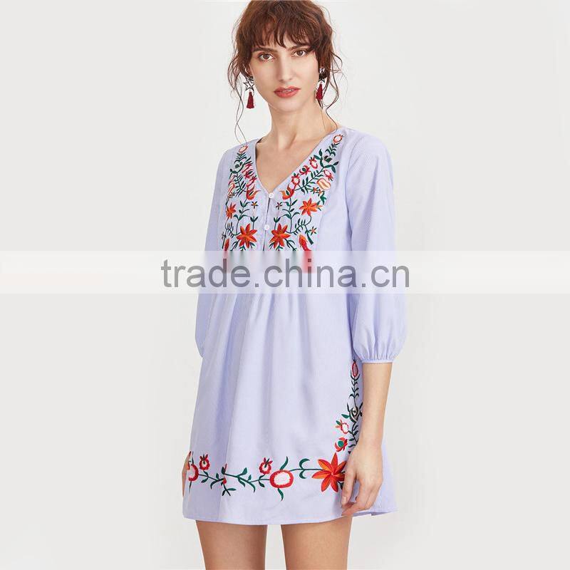 2017 Summer Women Clothing Factory Embroidered Blue Striped V Neck Button Front Lantern Sleeve Boho Dress