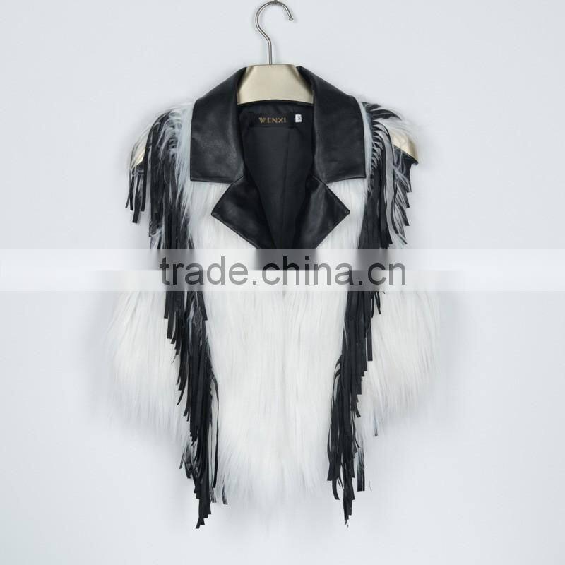 2016 new European style leather splicing faux fur vest woman dress