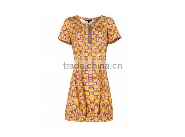 new fashion europe style ladies' close fit printed zip-up short-sleeved old fashion dresses