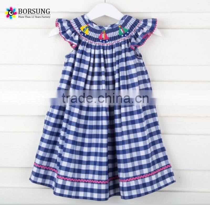 Blue plaid children frocks designs Kids Smocked clothing short sleeve Baby Girl Dresses