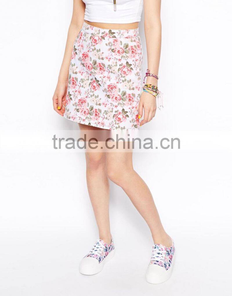 hot selling floral print A-line wholesale women denim skirts