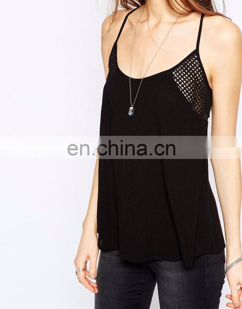 Black color woman Fashion hollow tops with trim
