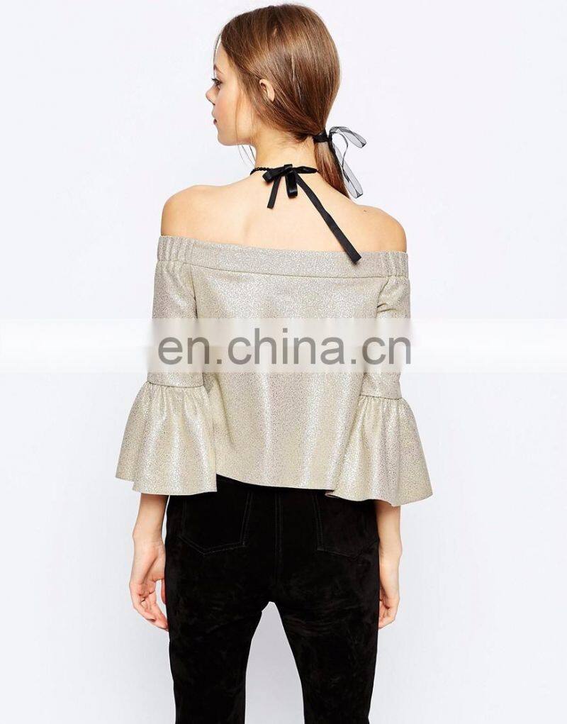 Ruffled sleeves off shoulder style latest fashion blouse design for lady