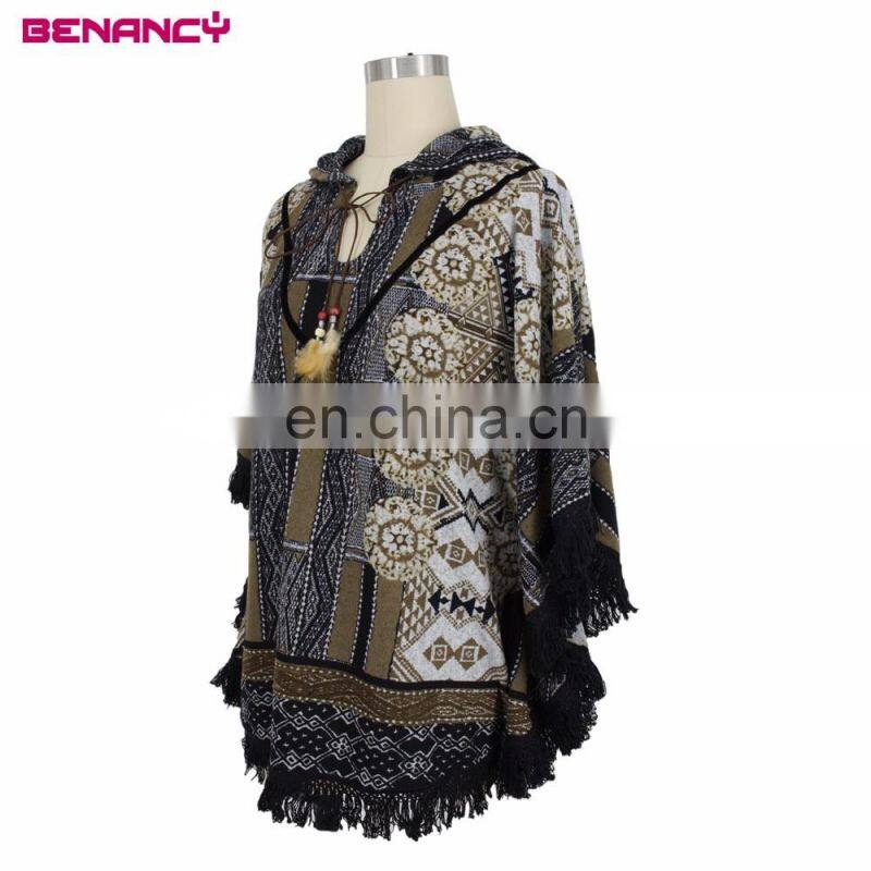 Wholesale Designer Clothing Tribal Mandala Print Poncho Hoodie With Tassel Fringe
