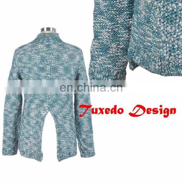 Cyan High O-neck Long Sleeve Women Sweater Tuxedo Design Knitting Fabric