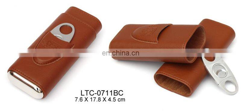Travel leather cigar case with cutter leather cigar case stainless steel bottom and lid