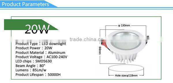 Aluminum Housing 20W SMD3030 High Lumen LED Downlight
