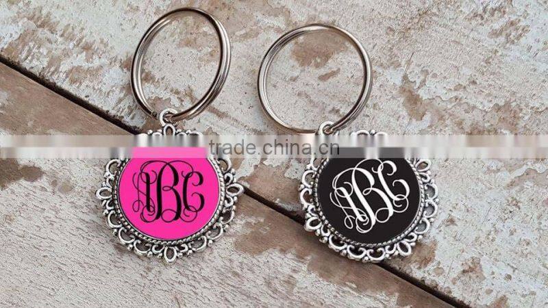 Personalized vinyl enamel disc Filigree Monogram Key chians