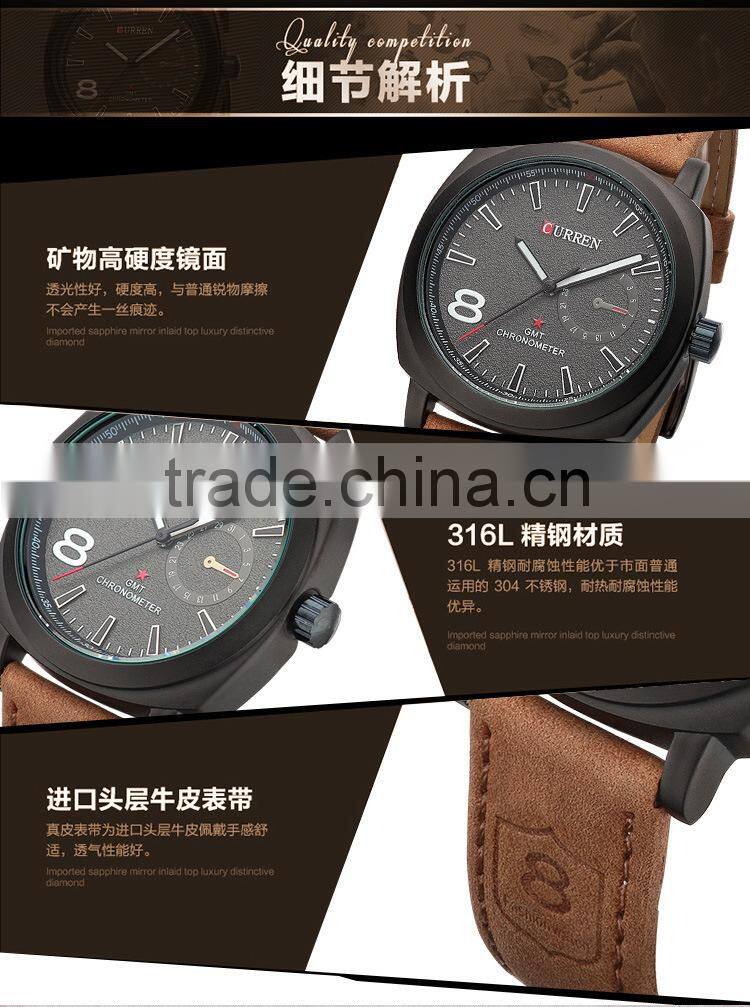 2015 waterproof Sport style Man original Curren watches Luxury Band Leather Strap quartz Clock 43mm Dial Vintage