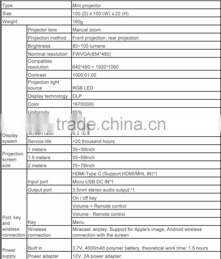 Hot Sale DLP WIFI 1080p 100 Lumens Full HD Miracast Airplay smart beam projector