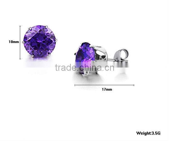 2013 hot selling cz stone earrings purple colored stone stud earrings