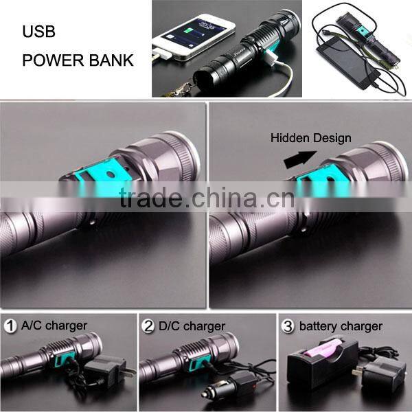 POPPAS 6611 Newest USB led flashlight hunting waterproof high-power led flashlight with power bank
