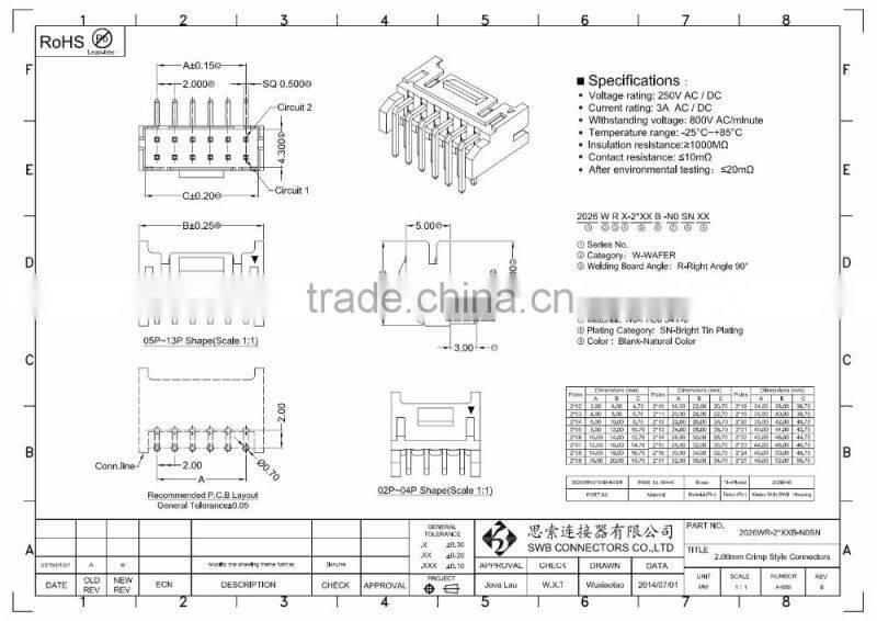 2.0MM Pitch Wire to board electrical connector JST PHD replacement