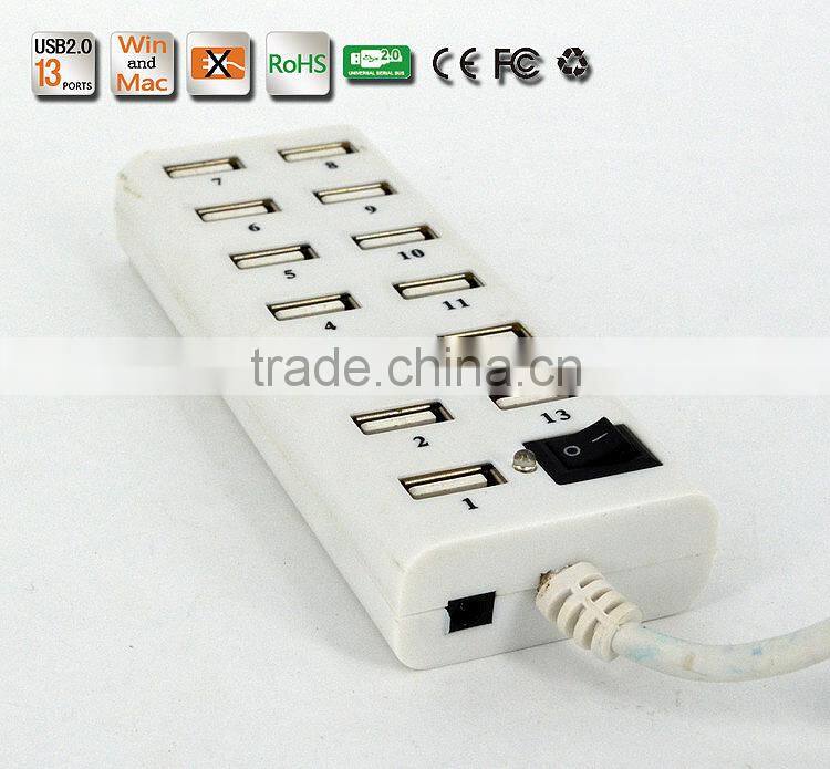 Hot sell High- performance Portable 480MBPS usb2.0 13 port hub with one switch+large capacity