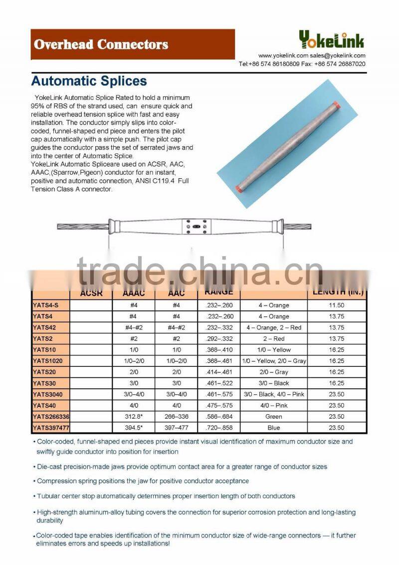 Aluminum Automatic splices for dead end connector