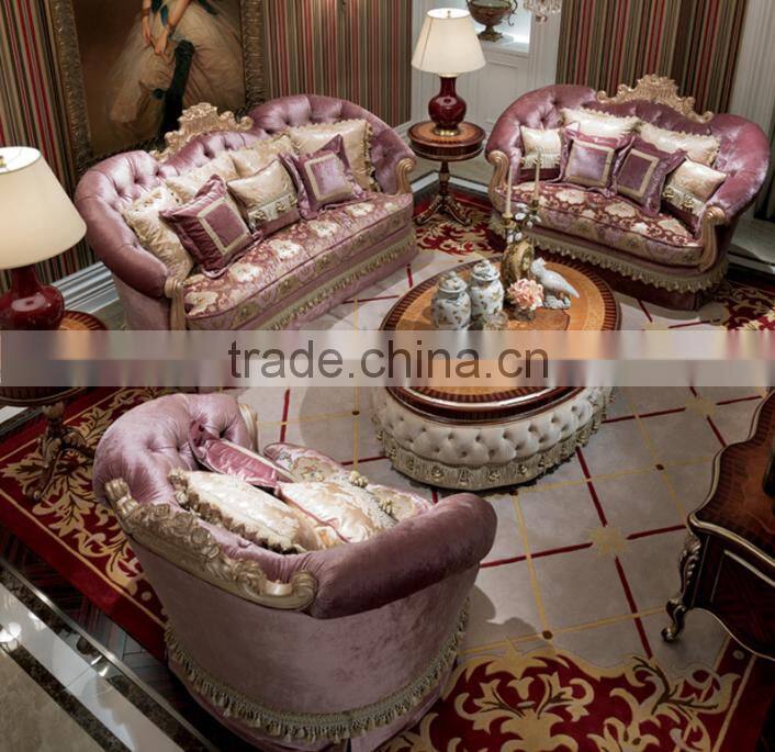 Graceful living room solid wood amaranth color fabirc sofa set