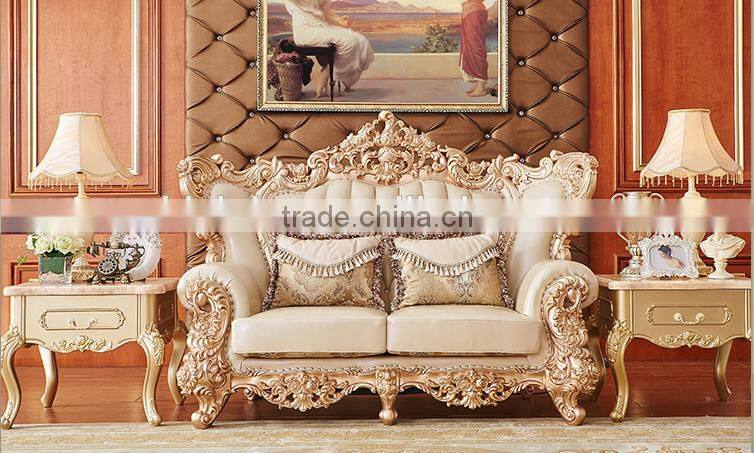 New design luxury solid wood gold painting genuine leather living room sofa set