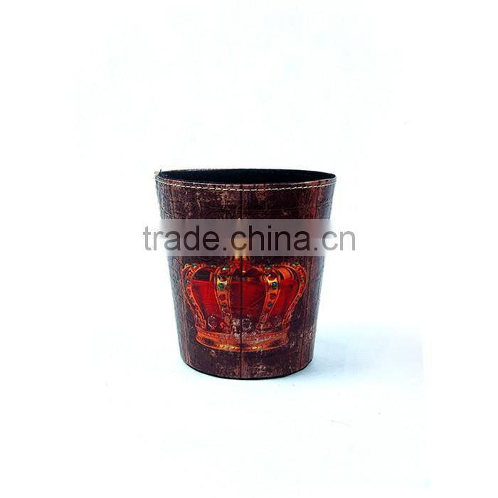 Fashionable Waste Bin Faux Leather Crown Print Trash Can