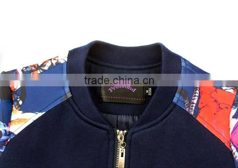 Fashion printing raglan long sleeve bomber jacket zipper sweatshirt without hood for women