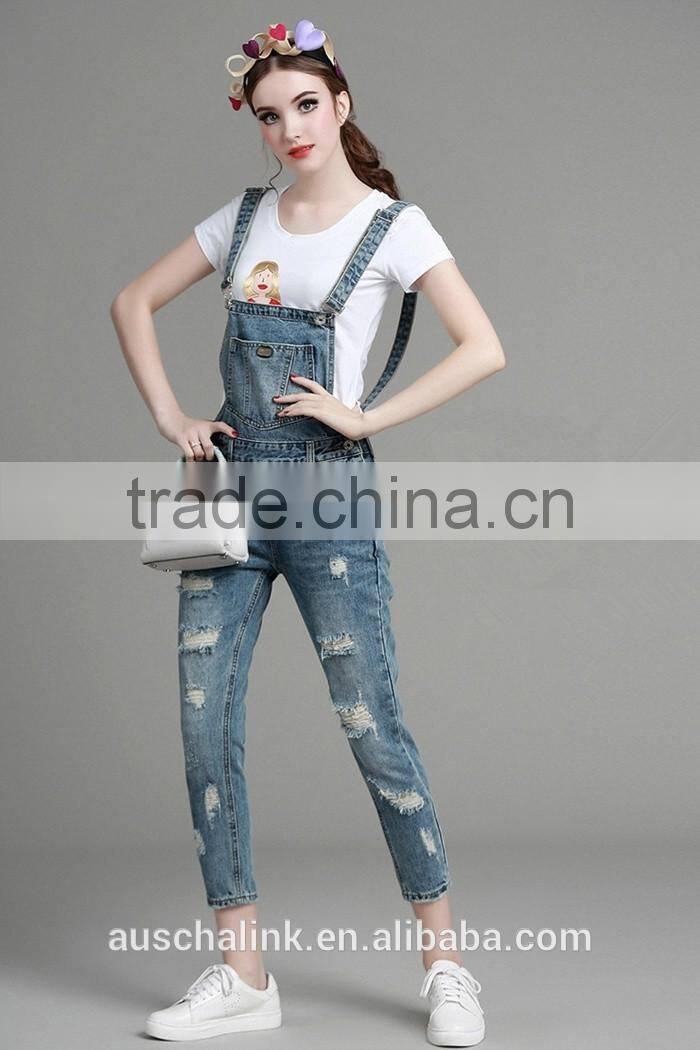 autumn new style high quality washed damaged bib pants customized