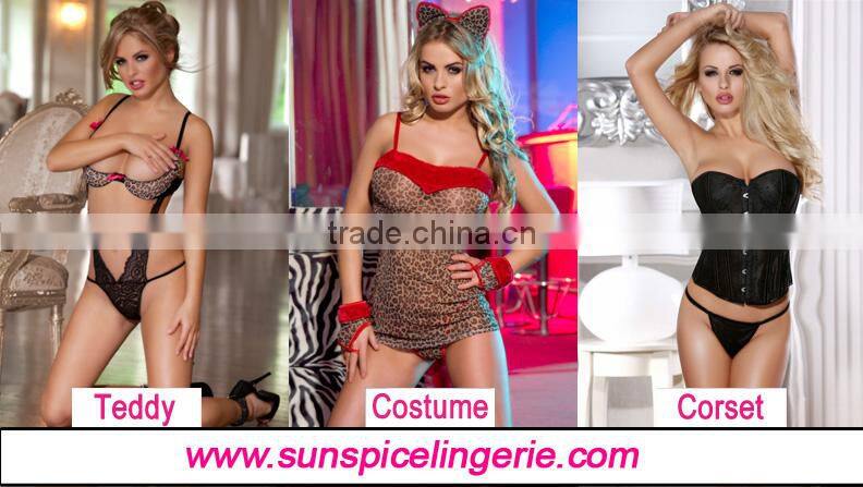 Sexy babydoll manufacturer Lady mesh leopard trimmed teddy crossed lac up back tied