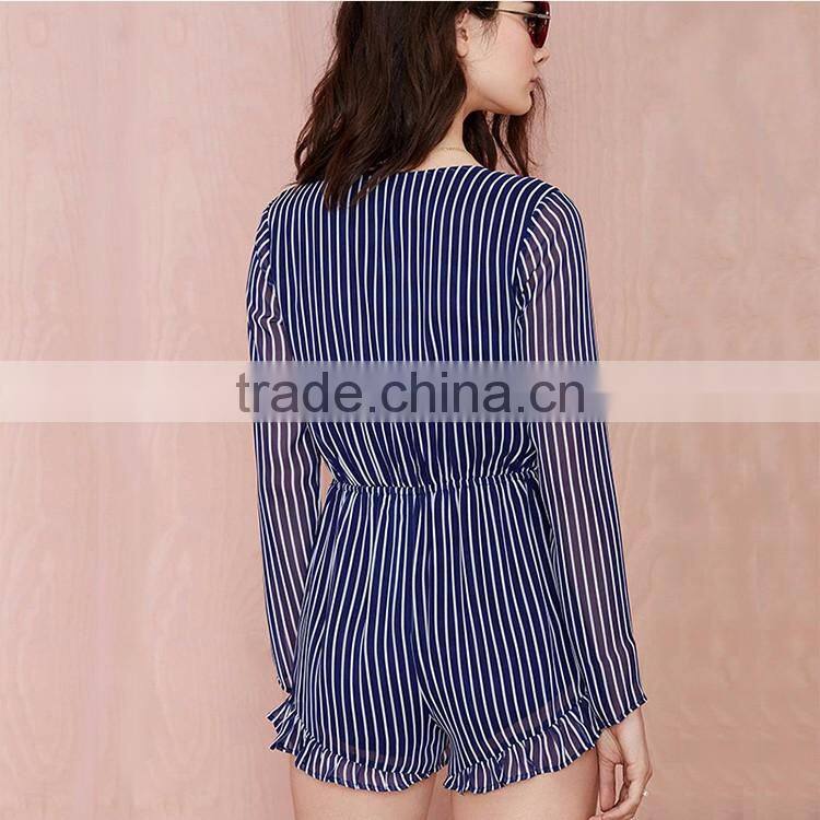 HAODUOYI Women Sexy Deep V Blue Stripe Chiffon Short Jumpsuit Fold Playsuits for Wholesale