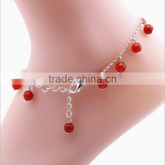 6mm round red agate stone charms anklets diy red natural stone beads chain anklet bracelet wholesale