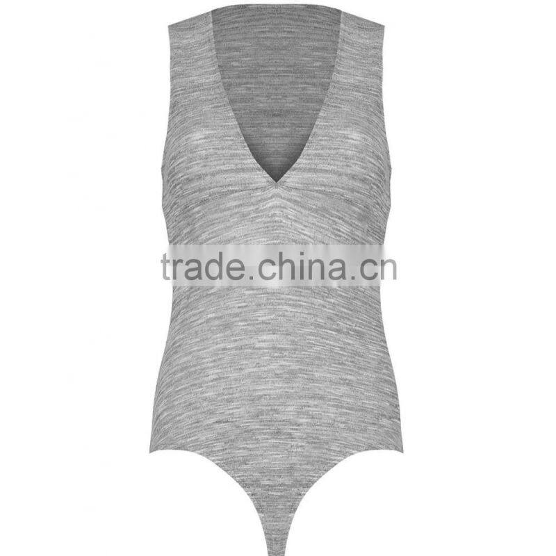 High Quality Women Grey Sleeveless Plunge Bodysuits V Neck Casual Bodysuits Fashionable Slub Cotton Tops
