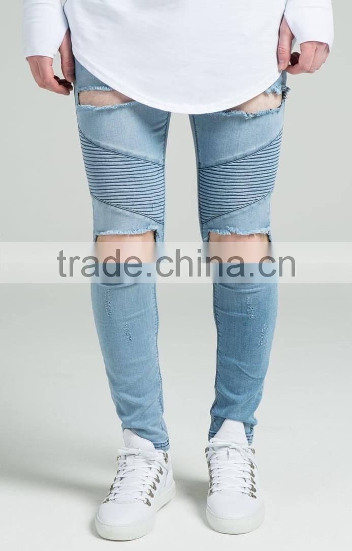 Hot Fashion High Quality Designer Heavy Scratch Raw Denim Mens Skinny Denim Biker Jeans