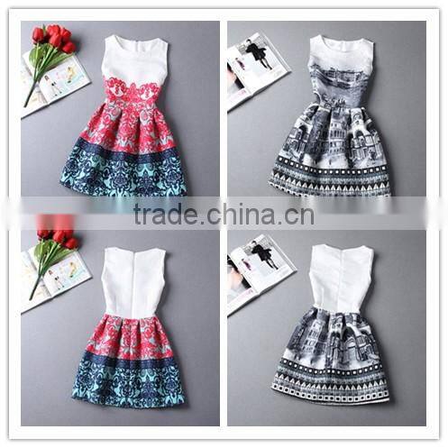 Promotional ! 2016 summer style printing dress skirt, women sleeveless party dresses, Custom women dress
