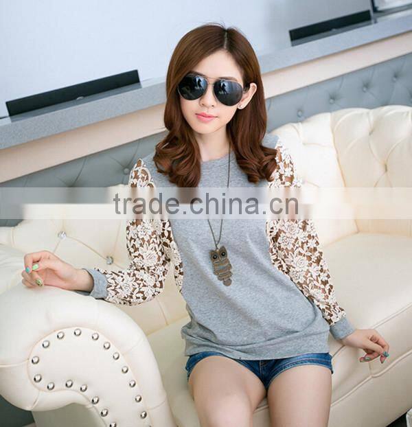 Korean style slim round neck long batwing sleeve women lace stitching plus size blank t-shirt