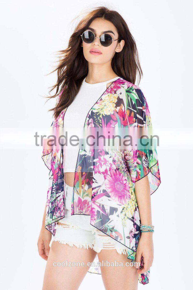 Open front lush botanical prints kimono women with extended back hem
