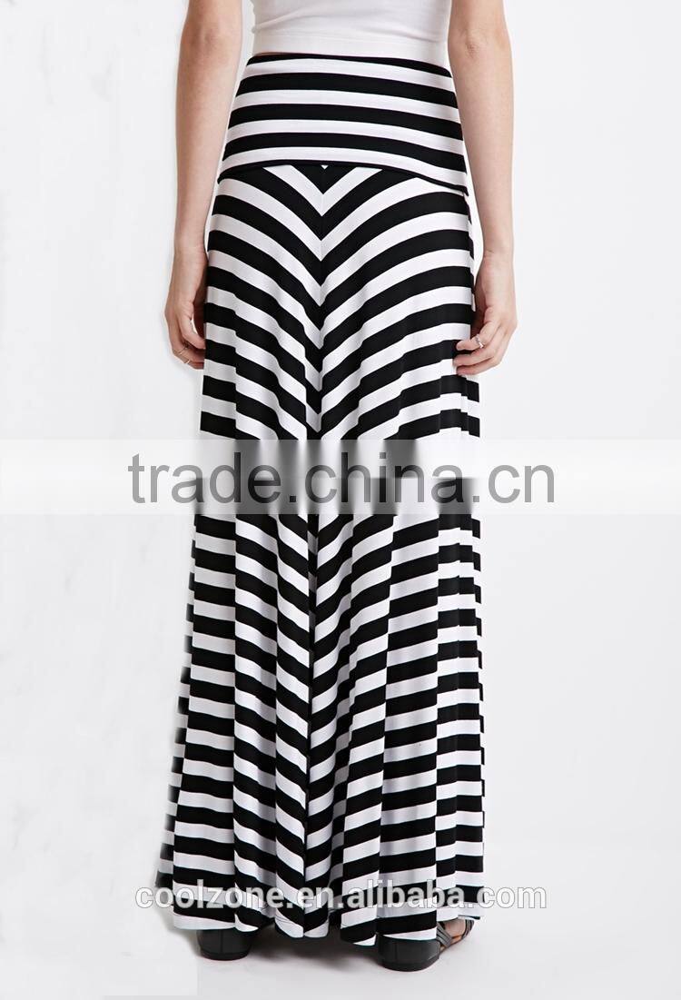 2015 Fold-over waist stripe print skirts fashion long maxi skirt
