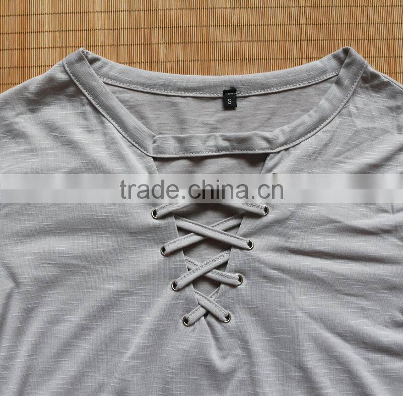 Women's short sleeve v-neck sexy t shirt with eyelet lace-up