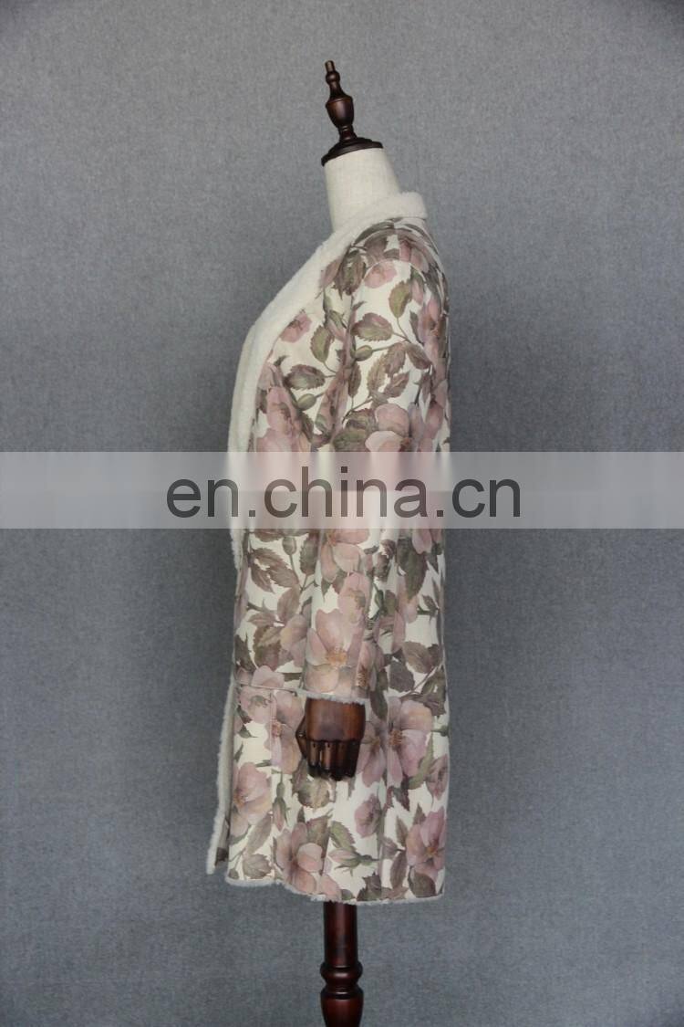 Glorious Design Floral Prints Sheepskin Fur Garment Top Quality Sheep Fur Jacket Ladies Long Fur Dress
