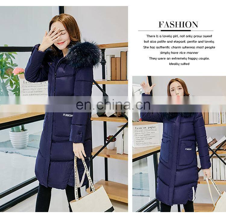 2017 new Korean version of Slim big code solid color hooded large hair collar long feather cotton women