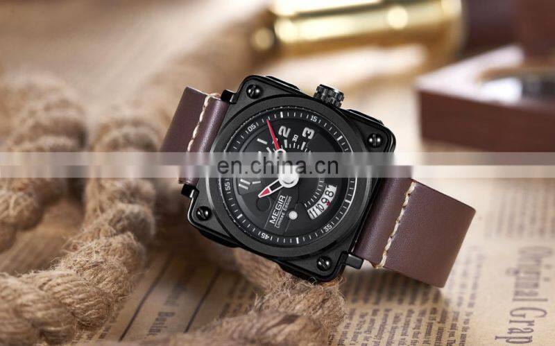 Megir 2040 Men's Square Leather Strap Quartz Watches with Calendar Date Waterproof Wristwatch Clock