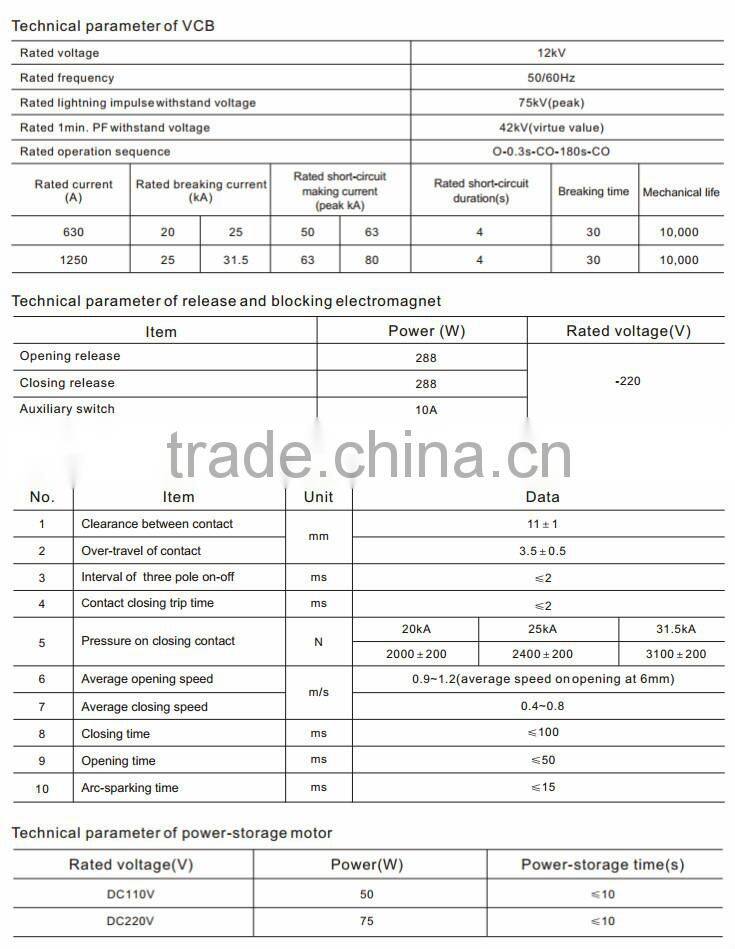 ZN73D-12 china manufacturer Indoor AC HV Vacuum Circuit Breaker